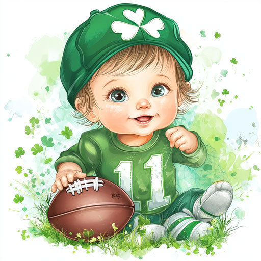 St. Patrick's Day baby with football, clipart sublimation background, digital art graphic design vector sticker, cute and adorable, with a colorful green and white theme.