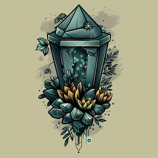 Coffin surrounded by balanced Zen stones and muted greens