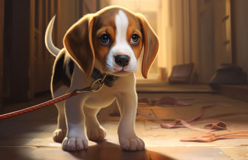 Beagle puppy on a leash, in light maroon and white style