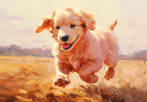 Golden retriever puppy running in field, light red and light gold