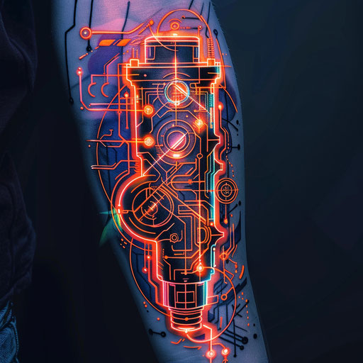 Modern drawing of piston with neon outlines and digital accents