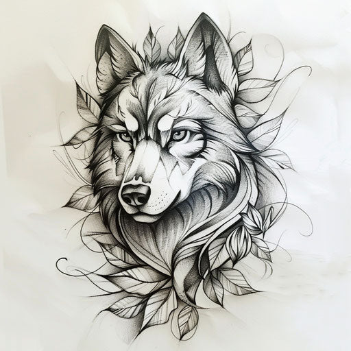 Animal spirit guide tattoo design, featuring a mystical wolf, on white paper.