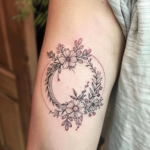 Wildflower wreath tattoo, circular design, soft pinks and purples, delicate lines