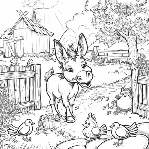 Cute donkey playing with birds and animals in a farmyard. Coloring book page