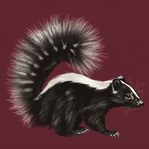 Hyper-realistic skunk clipart on a deep, flat burgundy backdrop