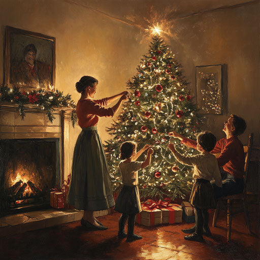 Family decorating Christmas tree, laughter and joy in fireplace light