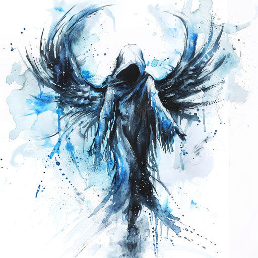 Ethereal tattoo sketch of the angel of death with subtle watercolor splashes, in sky blue and white