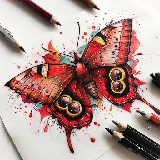 Playful red butterfly with cartoonish eyes and colorful dots