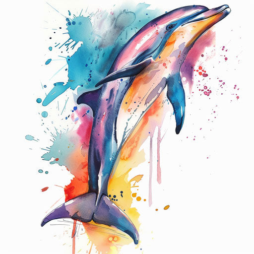 Vibrant dolphin tattoo in watercolor on white background