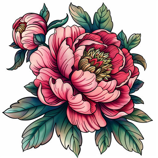Peony tattoo design on white background, colored cartoon style, dark pink and emerald, aesthetic movement, colorized