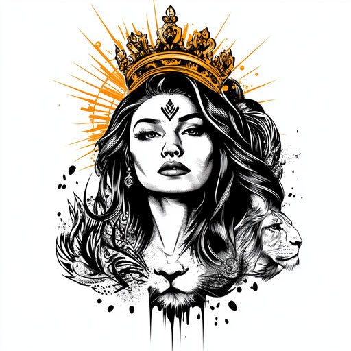 Queen tattoo of lioness and crown in black and gold