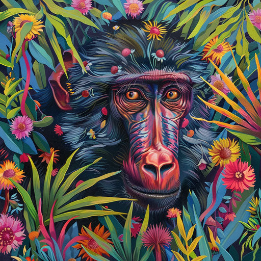 Baboon in vibrant and colorful vegetation