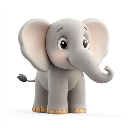 3D cute elephant on flat white background, isolated clipart