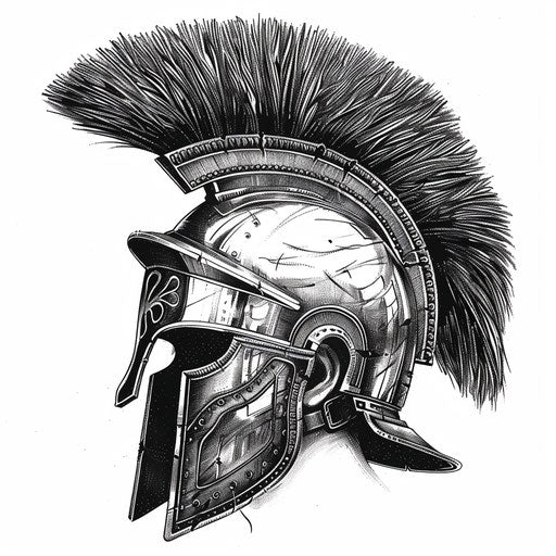 Graphic tattoo of Roman soldier helmet in black and silver