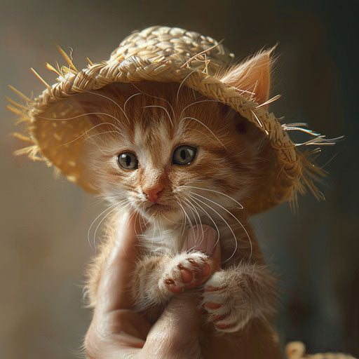 A kitten in a straw hat being held by a white finger