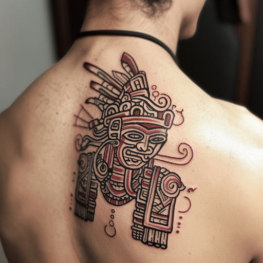 Intricate Mayan glyph tattoo in black and red ink