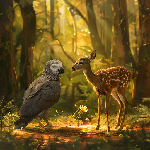 Quiet moment between an African grey parrot and a gentle deer