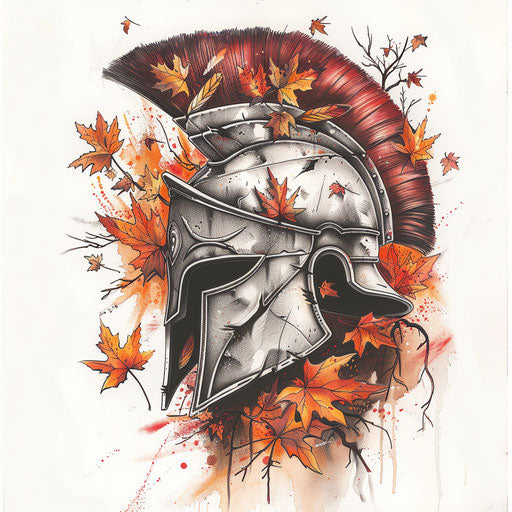 Spartan helmet with autumn leaves and warm colors