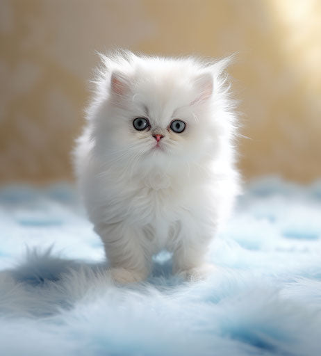 White Persian kitten on maroon and indigo style carpet
