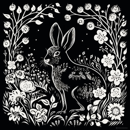 Rabbit in black and white sketch, Mexican folklore style