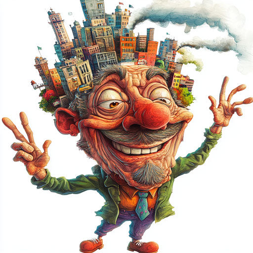 Humorous caricature of a city with exaggerated human characteristics