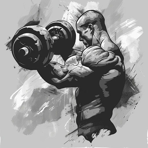 Powerful tattoo sketch of a muscular arm lifting a dumbbell, in black and gray, clipart style