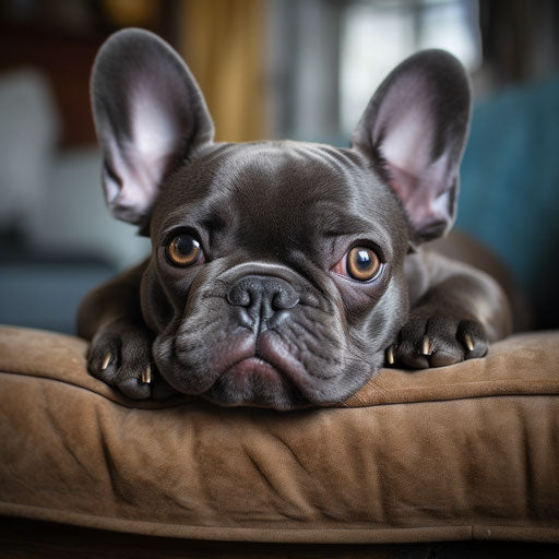 A French bulldog on a couch, dark silver and light azure style