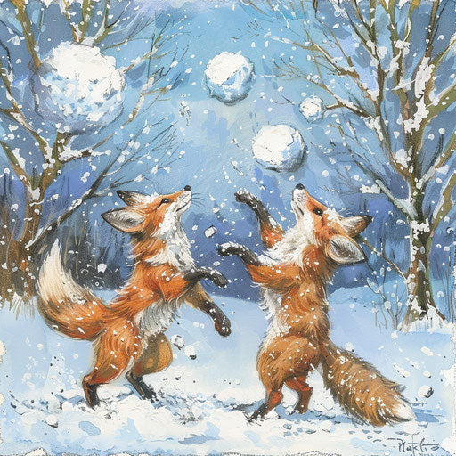 Foxes having a snowball fight in a winter wonderland