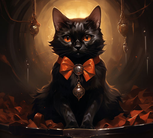 A black cat wearing a necklace and a bow, dark orange and dark brown style