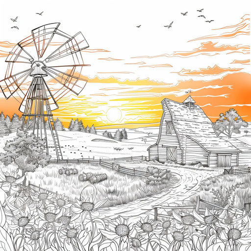 Peaceful sunset scene with a barn and windmill in the background