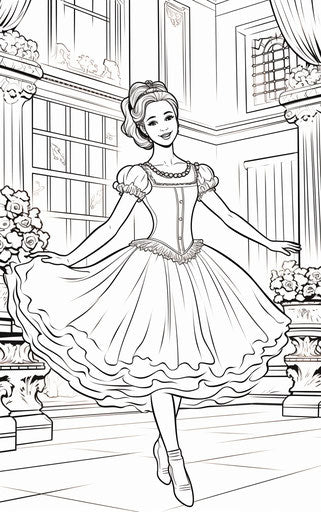 The ballerina coloring page, ilford pan f style, animated exuberance, simple 22:35