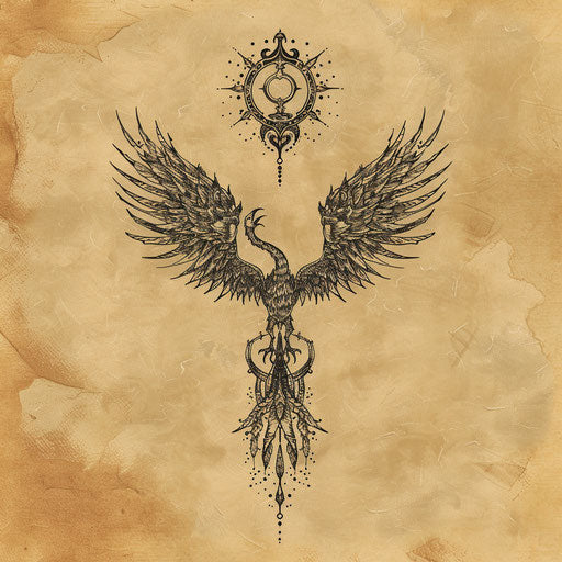 Flat tattoo sketch of a sigil for transformation, featuring a phoenix rising from ashes