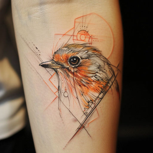 Dramatic portrait of robin in bold flat tattoo sketch