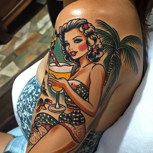 tattoos and booze with a pin-up holding a cocktail on the arm