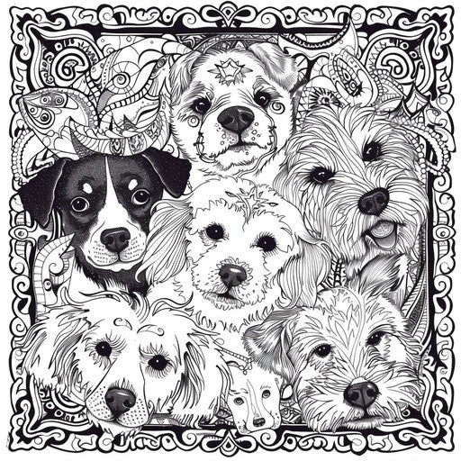 Intricate zentangle design with puppies. Coloring book page