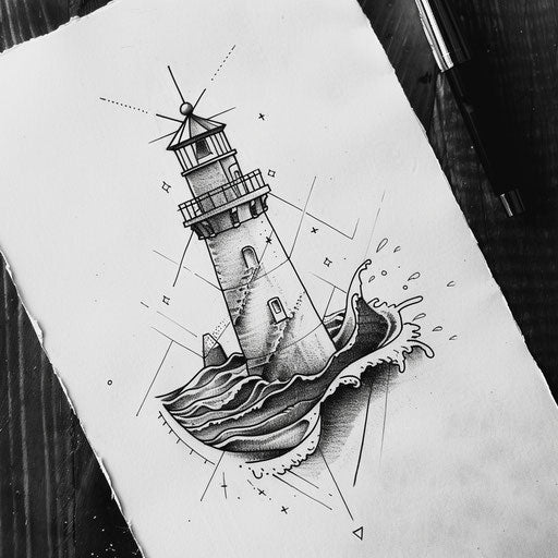 Nautical geometric tattoo design featuring lighthouse and waves