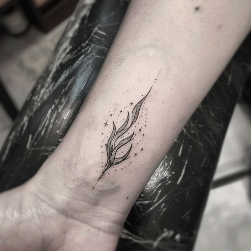 Minimalist fire tattoo concept, simple lines and dots forming an elegant flame