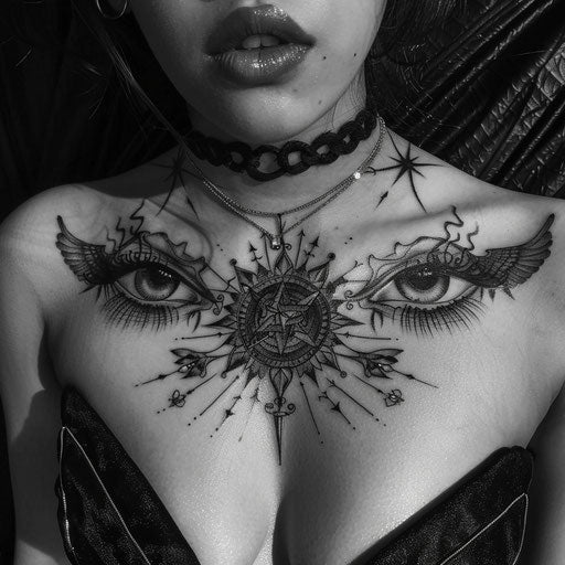 Mysterious dark chest tattoo for women with occult symbols