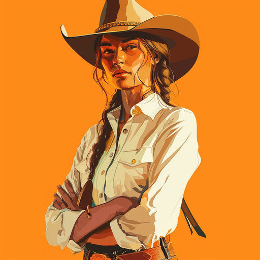 Realistic cowgirl clipart on a sunset orange background