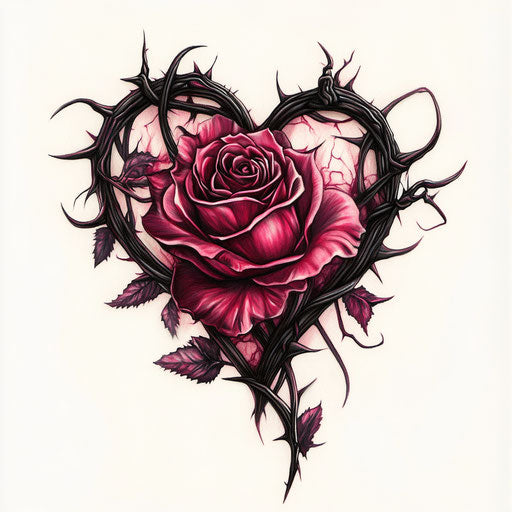 Rose in a heart with black thorns, in dark red and pink, gothic style