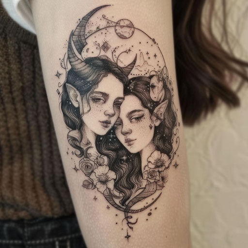 Sisterly cosmic and mythical tattoos with surreal elements