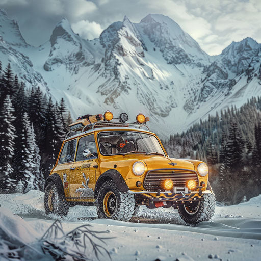 Vintage Mini Cooper ready for extreme winter adventure