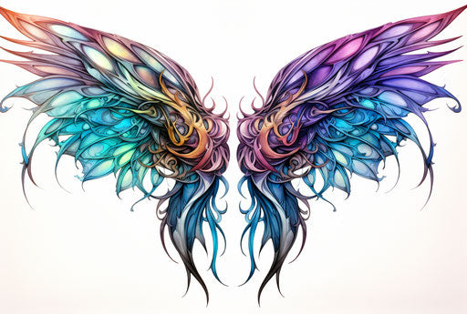 Stylized blue green and blue wings, light magenta and dark amber style
