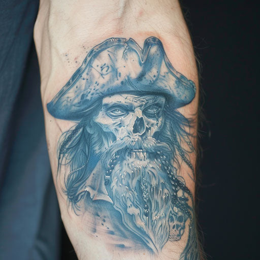 Ghostly pirate captain tattoo portrait with eerie blue tones