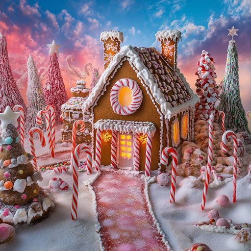 Gingerbread house in whimsical winter wonderland