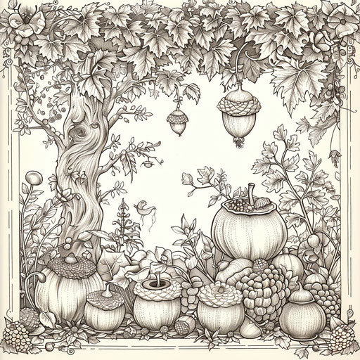 Whimsical scene of forest animals playing musical instruments with acorns. Coloring book page