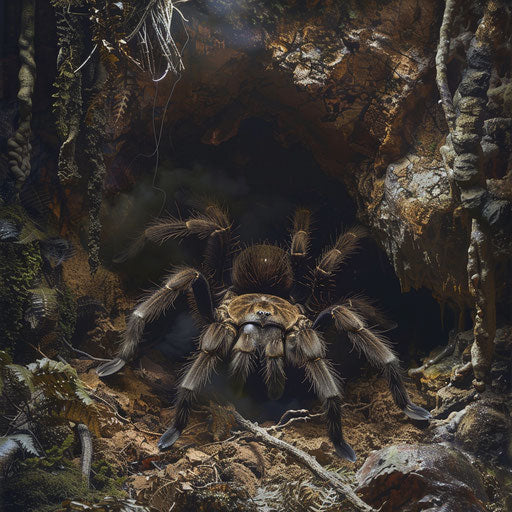 Tarantula exploring a cave entrance, in the style of Simen Johan