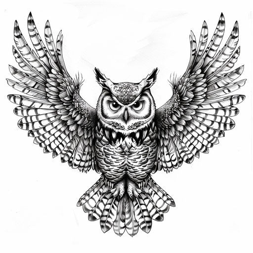 Sketch of an owl with outstretched wings, detailed feathers and eyes