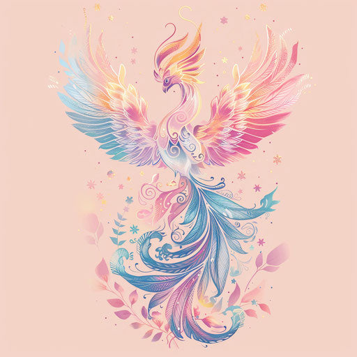 Elegant flat tattoo sketch of a mythical phoenix rising, pastel hues