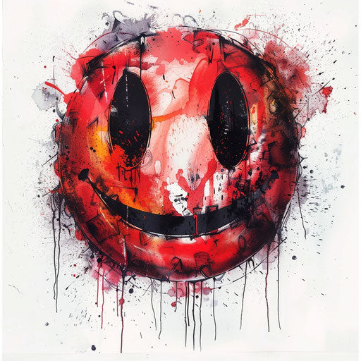 Graffiti-style smiley face tattoo artwork with spray paint effect, on white